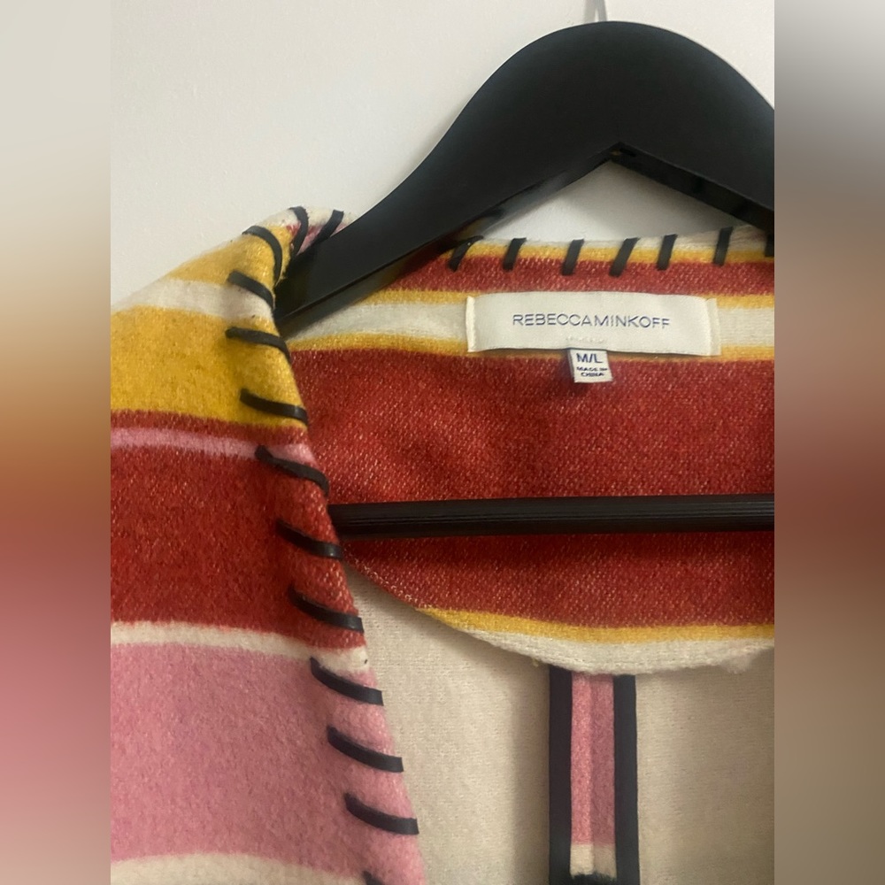 Rebeca Minkoff patterned wool coat with genuine leather trim
